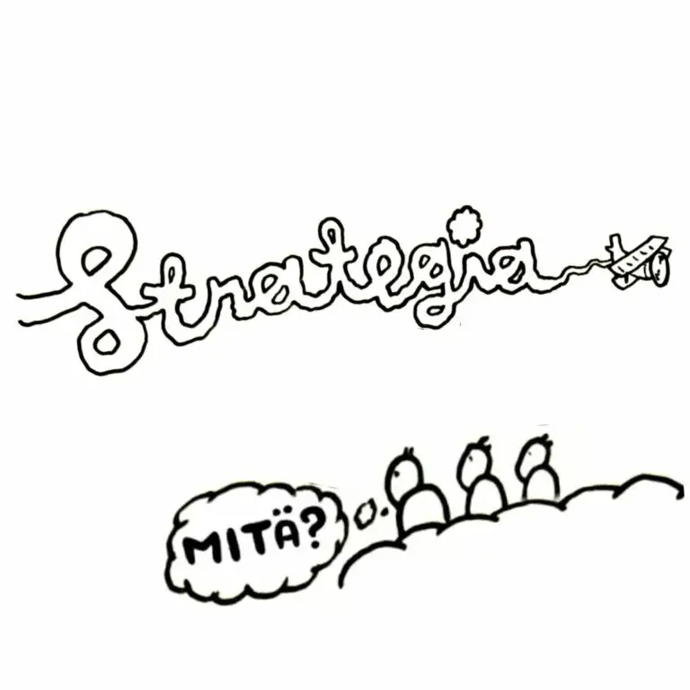 Piirros, jossa lentokone kirjoittaa taivaalle sanan 'strategia', ja alhaalla olevat ihmiset katsovat sitä miettien 'Mitä?'.